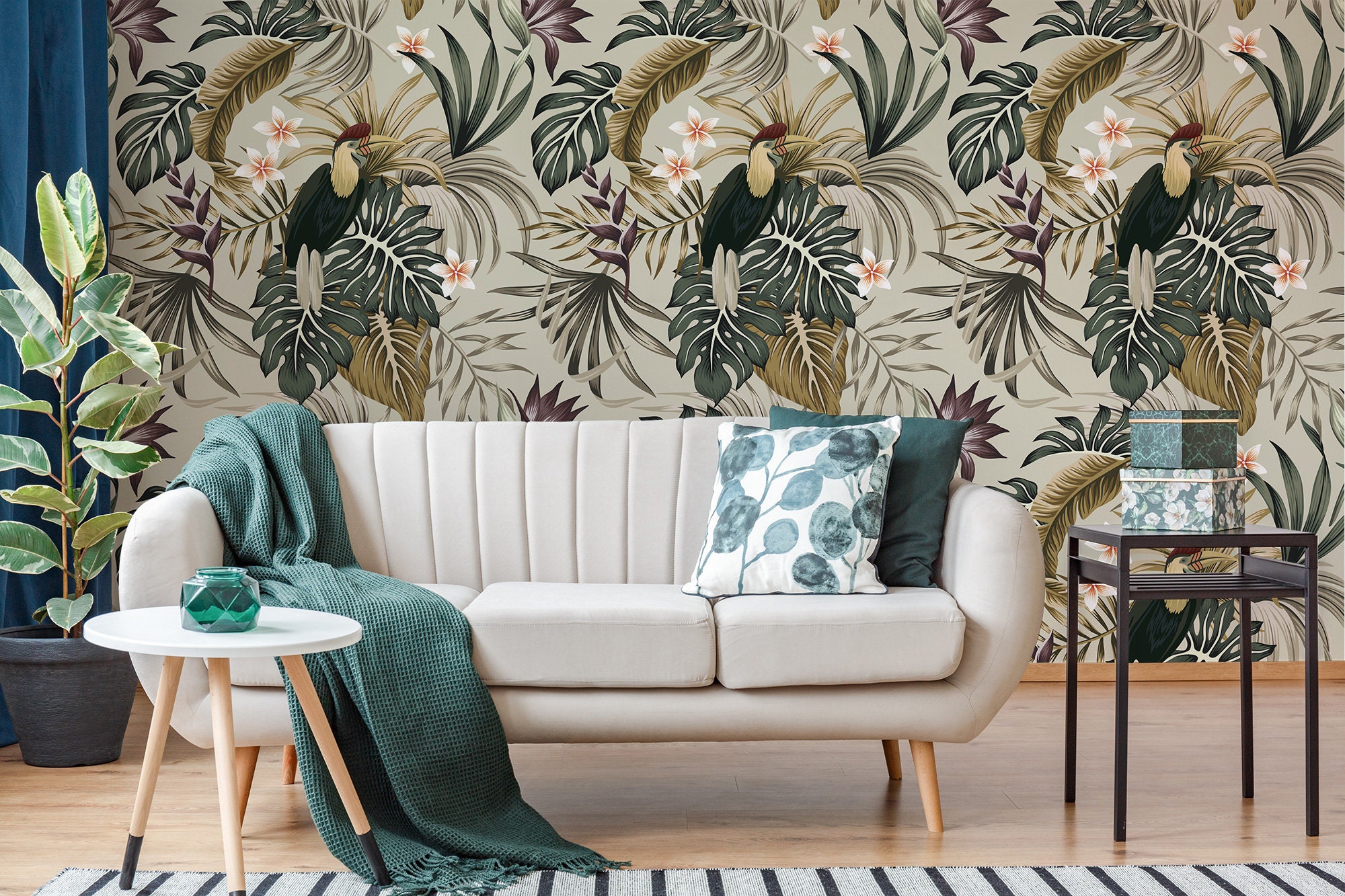 Tropical Exotic Bird Hibiscus Floral Wallpaper Mural (peel and Stick ...