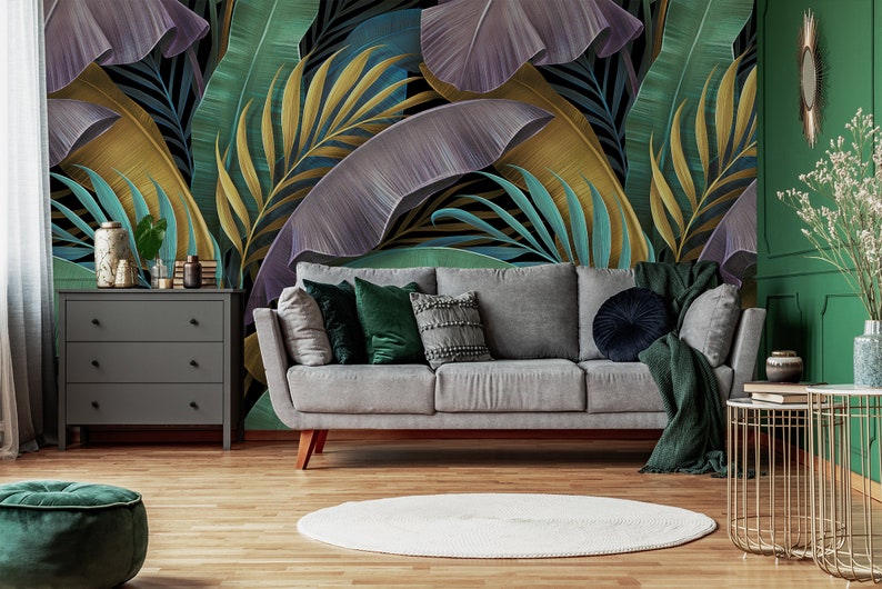 Tropisch exotisch behang, pastelkleurige bananenbladeren, palm, schil en plakmuurschildering, zelfklevend, tropisch wanddecor afbeelding 7
