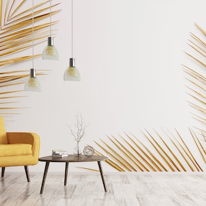 Gelb weiße Tapete, Palmenzweige, Schälen und Aufkleben, Wandbild, selbstklebend, tropisches Wandbild