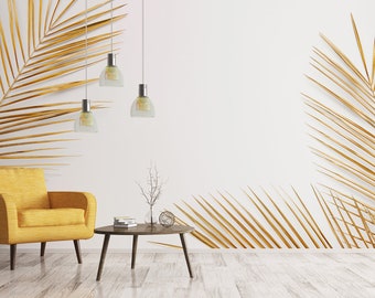 Geel en wit behang, palmtakken, schil- en plakmuurschildering, zelfklevend, tropisch wanddecor