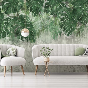 Tropical wallpaper with leaves hanging from the top, peel and stick, self adhesive, wall decor, Removable Wallpaper