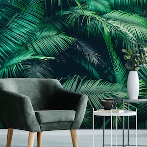 Green forest wallpaper, tropical, wall mural, peel and stick, self adhesive, wall decor, Removable Wallpaper