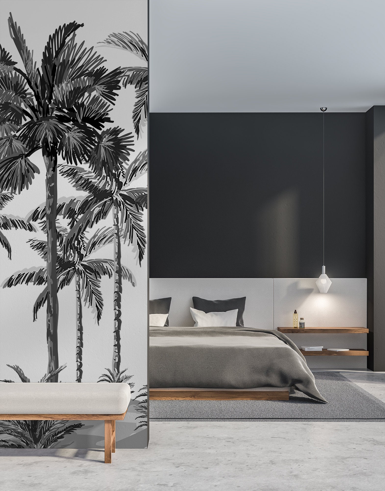 Black and White Palm Tree Wallpaper, Modern Tropical Wall Mural (peel ...