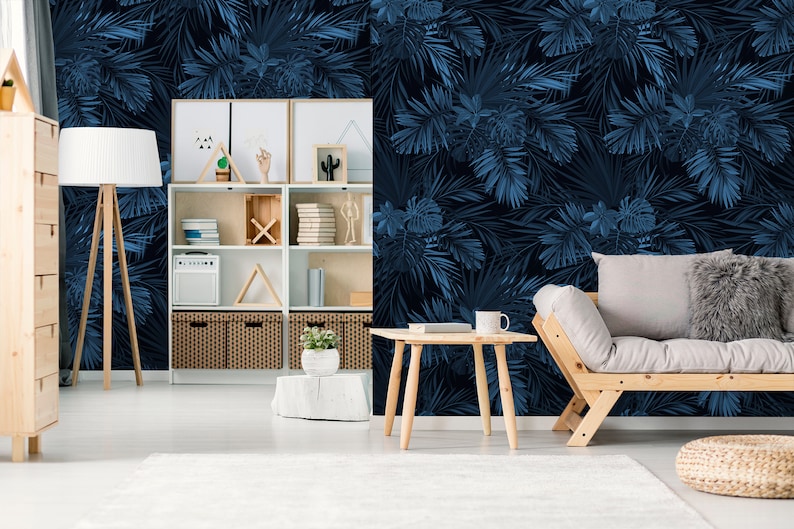 Dark Navy Blue Tropical Wallpaper With Exotic Leaves Wall Etsy