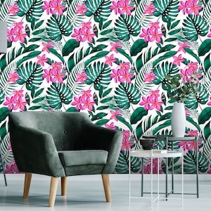 Tropical wallpaper with flowers, banana and palm leaves, wall mural, peel and stick, self adhesive, wall decor, Removable Wallpaper