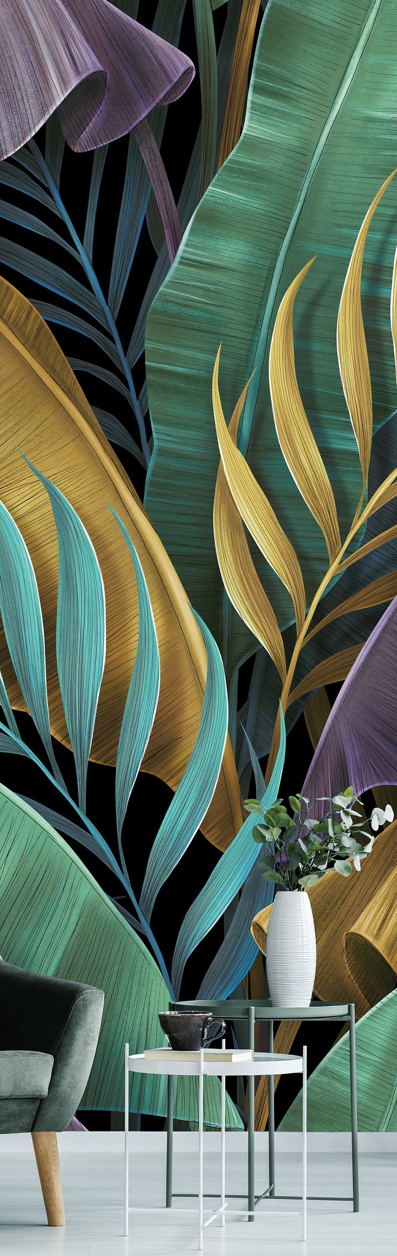 Papier peint exotique tropical, feuilles de bananier colorées pastel, palmier, peinture murale à peau et bâton, auto-adhésif, décoration murale tropicale image 5