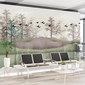 Abstract landscape wallpaper, black birds, peel and stick wall mural, tropical wall decor