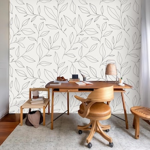 Black and white leaves wallpaper, leaf pattern wall mural, home decor, Removable, Peel and Stick or Non Self Adhesive (Vinyl), Wall Decor