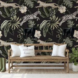 Vintage Tapete, tropische Blumen Blätter, Hibiskus, schwarzer Panther, selbstklebende Tapete, Wandbild abziehen und aufkleben, tropische Wanddeko