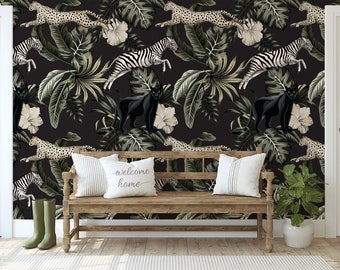 Tropical Jungle Wallpaper, Black Panther, Leopard, Zebra, Floral Leaves Wall Mural