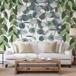 Eucalyptus leaves wallpaper, floral on a background, peel and stick wall mural, self adhesive, tropical wall decor