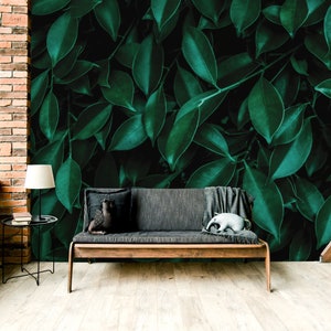 Abstract wallpaper with green tropical leaf, peel and stick, self adhesive, wall decor, Removable Wallpaper