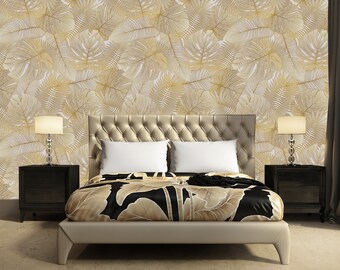 Carta Da Parati Adesiva Foglie Tropicali 200x140 Cm – Effetto 3D Con Palme Dorate, Autoadesiva In Tessuto Non Tessuto Per Soggiorno E Camera