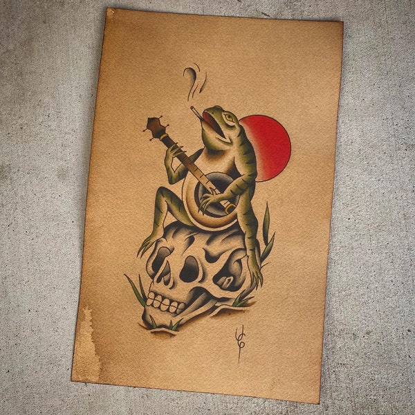 Banjo Frog on Skull American Traditional Tattoo Flash Print