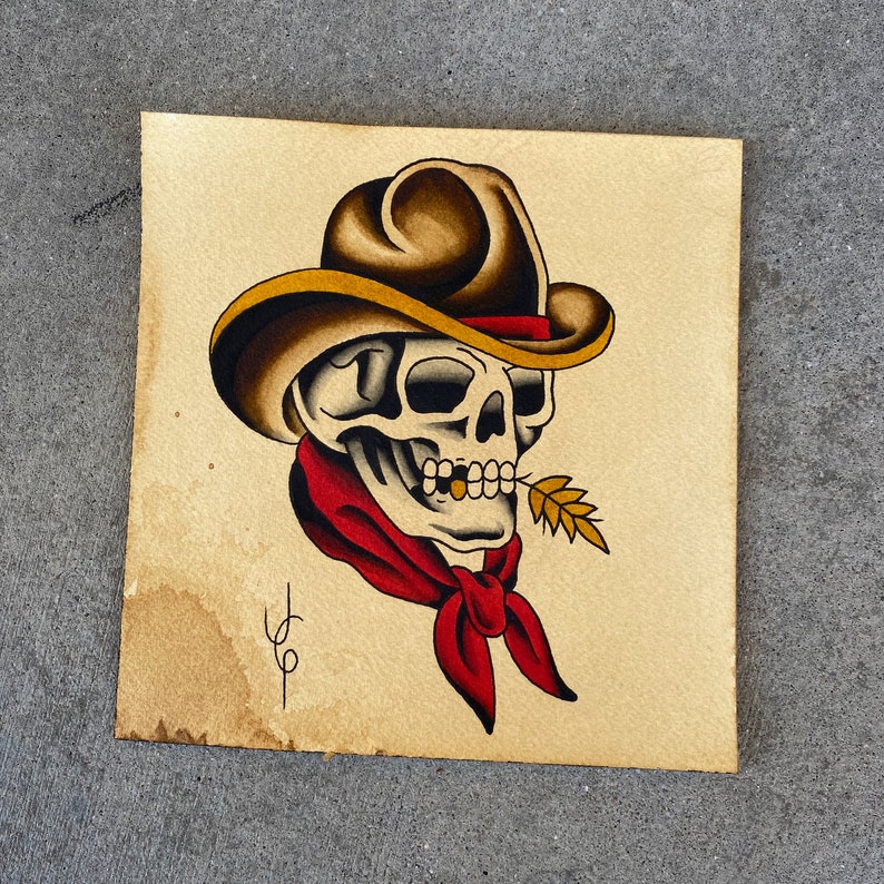 Cowboy Skull American Traditional Tattoo Flash Print Etsy