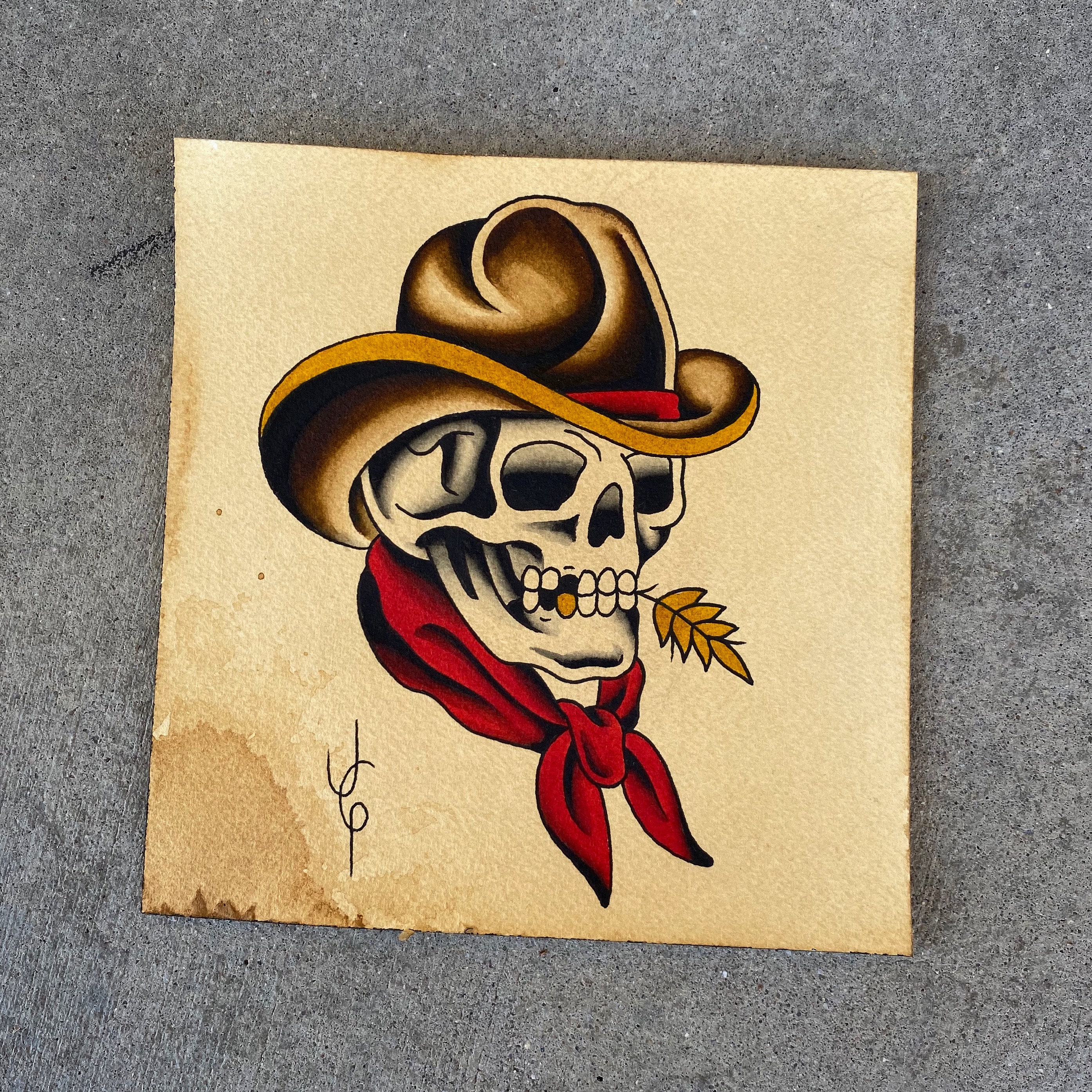 Cowboy Skull and Hat Design Traditional Tattoo Style  Etsy Australia