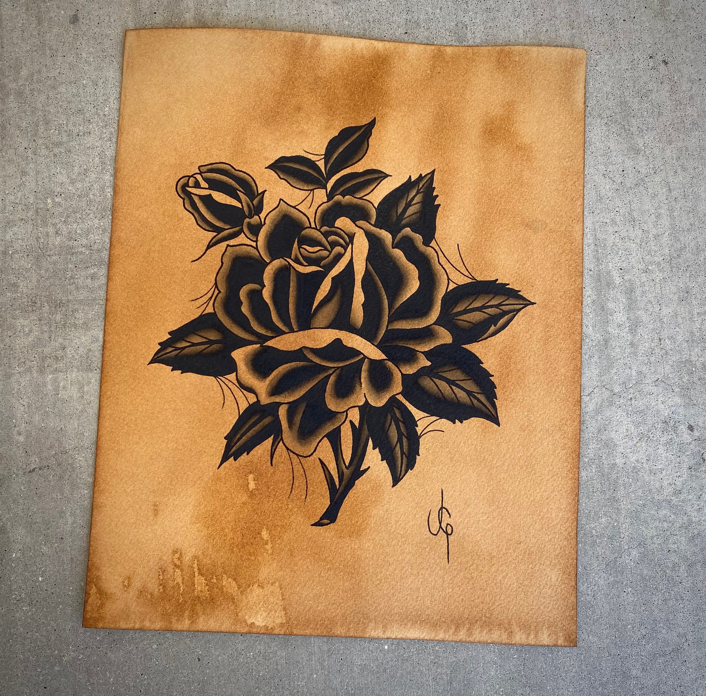 American Traditional Black Rose Tattoo