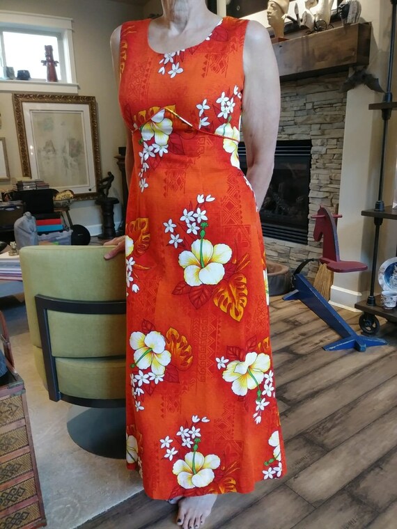 60s/70s Royal Hawaiian Maxi Dress/ Bold Orange Tro