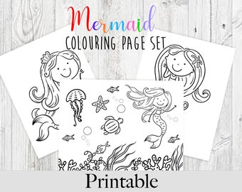 Mermaid 3 Page Colouring Set - Digital Download, Colouring Pages For Kids, Activity For Kids, Homeschool Activity