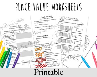 Grade 2-3 Math - Place Value Worksheets -DIGITAL DOWNLOAD, Math Practice, Homeschool Activity, Quarantine School, Place Values, PRINTABLE