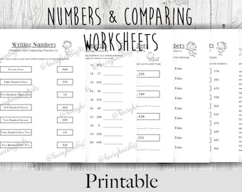 Grade 2-3 Math - Numbers and Comparing Worksheets -DIGITAL DOWNLOAD, Math Practice, Homeschool Activity, Quarantine School