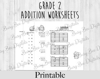Grade 2 Math - Addition Worksheets - DIGITAL DOWNLOAD , Math Practice , Homeschool Activity , Quarantine School , 2nd Grade Math, Addition