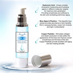 Puede incluir: Una botella plateada de suero HCO Hydrating Cell Osmosis con una etiqueta azul. La etiqueta presenta el texto "Antiquaten HCO Hydrating Cell Osmosis Hyaluronic Acid Complex Blue Algae & Copper Peptide" y "For all skin types 1.6oz/50ml".
