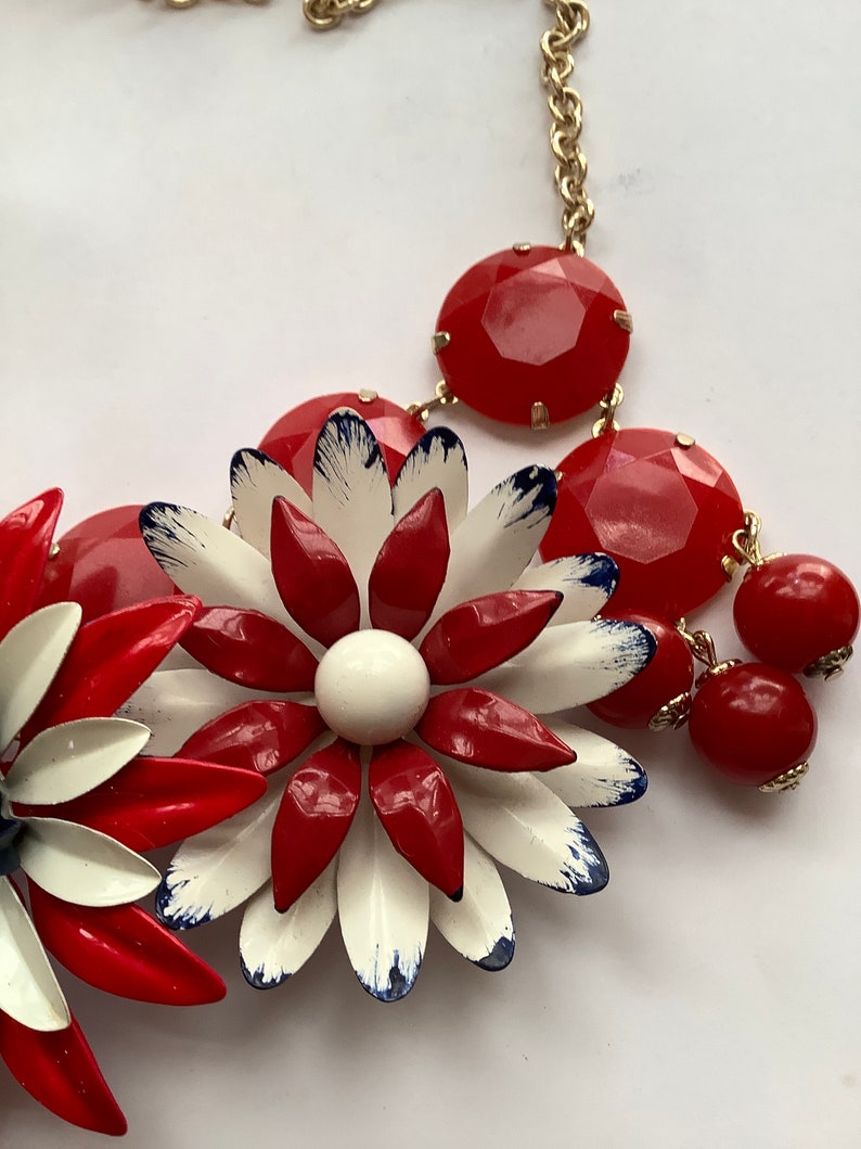 Red white and blue vintage flower assemblage necklace