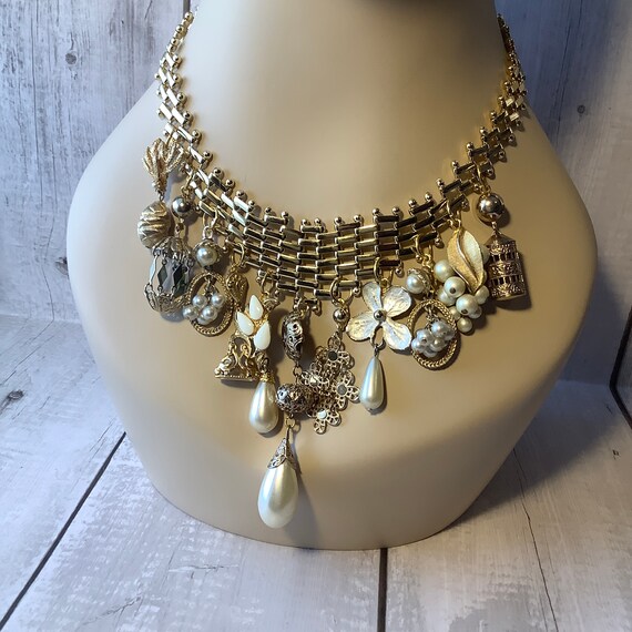 Bib Style Assemblage Charm Statement Necklace Etsy