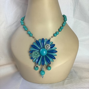 Blue vintage flower assemblage necklace OOAK