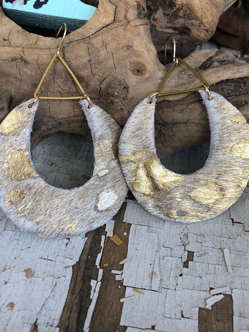 Gold Metalic Foil Haironhide Earring Boho Leather Unique Etsy