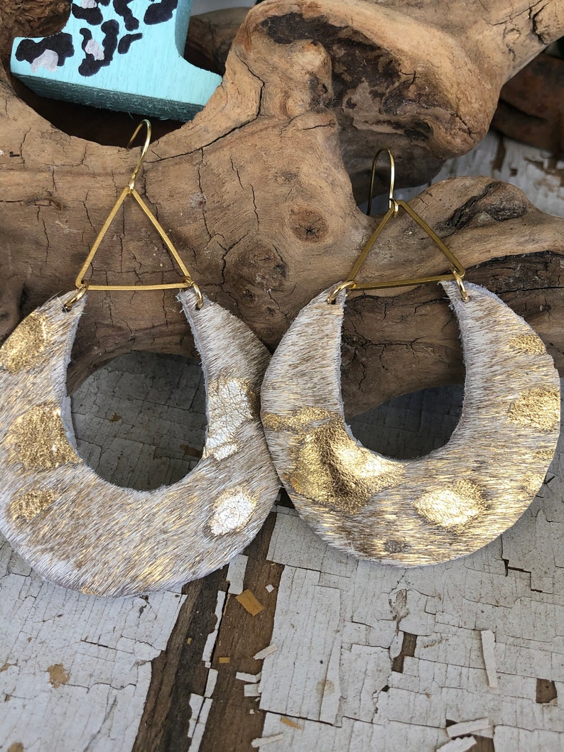Gold Metalic Foil Haironhide Earring, Boho, Leather, Unique, Trendy