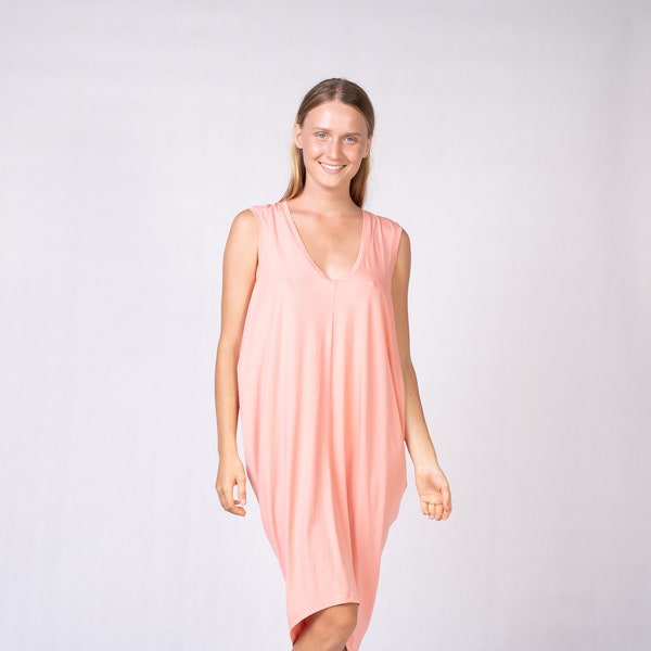 Bamboo Deep V Midi Kaftan - Flowy Short Slip Dress - Coral Lightweight Summer Sale Boho Chic Dress