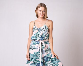 Calla Tropical Printed Boho Chic Lounge Jumpsuit - Beach Wedding - Tie Waist Comfy Bridesmaid Outfit