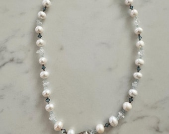 Freshwater Pearl Necklace, Aquamarine, Swarovski Crystal, Sterling Silver Seashell, 18"