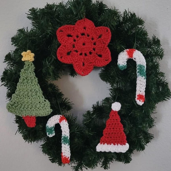Crochet Christmas Ornaments (sets of 3 and 5) Candy Canes, Poinsettias, Christmas Tree, Santa hat