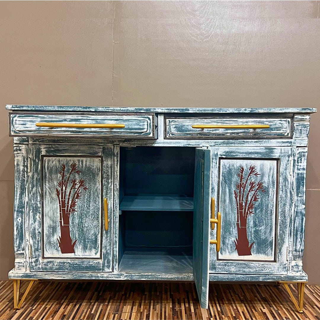 Rustic Blue, White Wooden Sideboard | Vintage Distressed Cabinet With ...