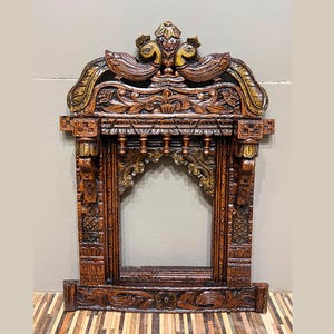 Wooden Jharokha Carved Photo Frame with Copper Gold Finish