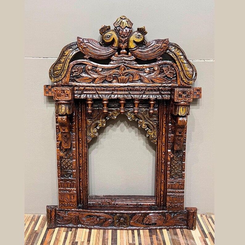 Wooden Jharokha Carved Photo Frame with Copper Gold Finish