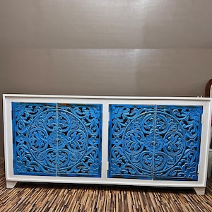 Vintage Indian Carved Cabinet | Floral Blue & White Wooden Dresser | Antique Sideboard, Bohemian Entryway Furniture, Large TV Unit HomeDecor