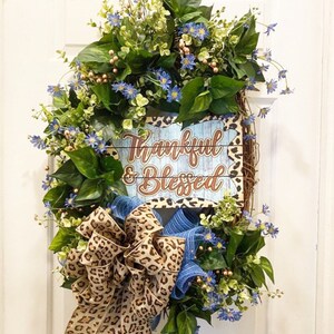 Leopard print wreath, Cheetah print wreath, Thankful and Blessed  for front door.  Thankful and blessed every day wreath,