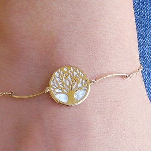 Solid Gold Tree of Life Bracelet with Mother of Pearl in K9, K14, K18
