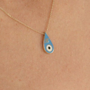 Solid Gold Teardrop Eye Necklace with Enamel, Modern Symbolic Jewelry for Women