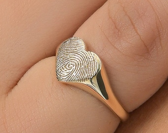 Solid Gold Ring (K9, K14) Fingerprint Heart Ring, Custom Fingerprint Ring, Personalized Ring, Dainty Ring, Signet, Handmade Dog Tag Ring