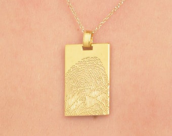 Solid Gold 14K Rectangle Necklace, Gold Fingerprint K18 Rectangle Necklace, Rectangle Fingerprint, Engraved Necklace, Custom Gift Necklace