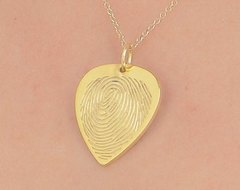 Solid Gold (14K-9K) Fingerprint Guitar Pick Necklace, Personalized Necklace, Custom Minimal Fingerprint Necklace, Handwriting Text