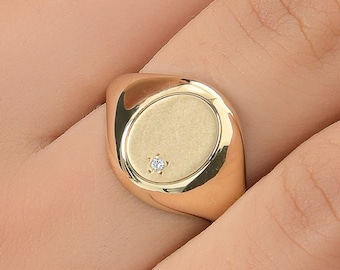 Solid Gold Signet Ring, Unisex Diamond Chevalier Ring, Engraved Gift