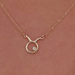 Solid Gold Taurus Zodiac Necklace with Diamond - Star Sign Gift