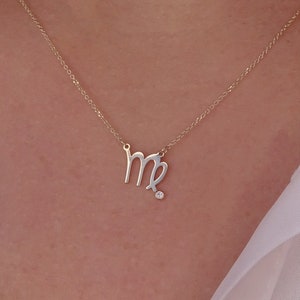 Solid Gold Virgo Zodiac Necklace with Diamond - Astrology Pendant Gift