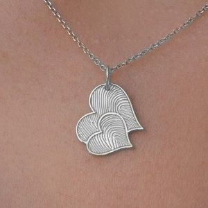 Silver Double Heart Fingerprint Necklace, Silver Gold Plated Fingerprint Heart, Handwriting Jewelry